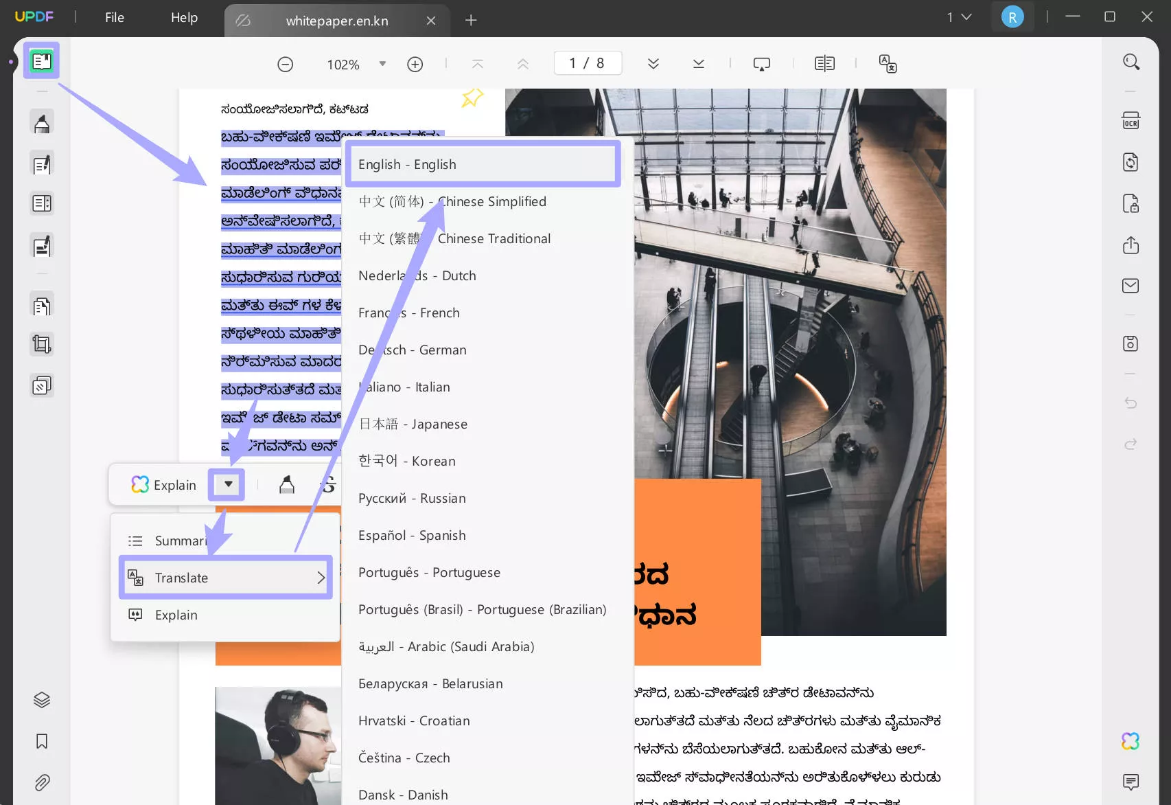 Select to translate Kannada PDF to English with UPDF on Windows