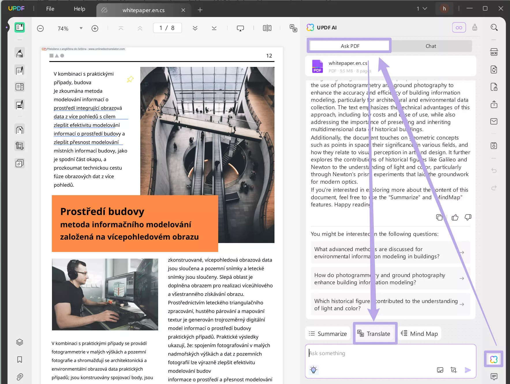Translate Czech PDF to English by pages with UPDF on Windows