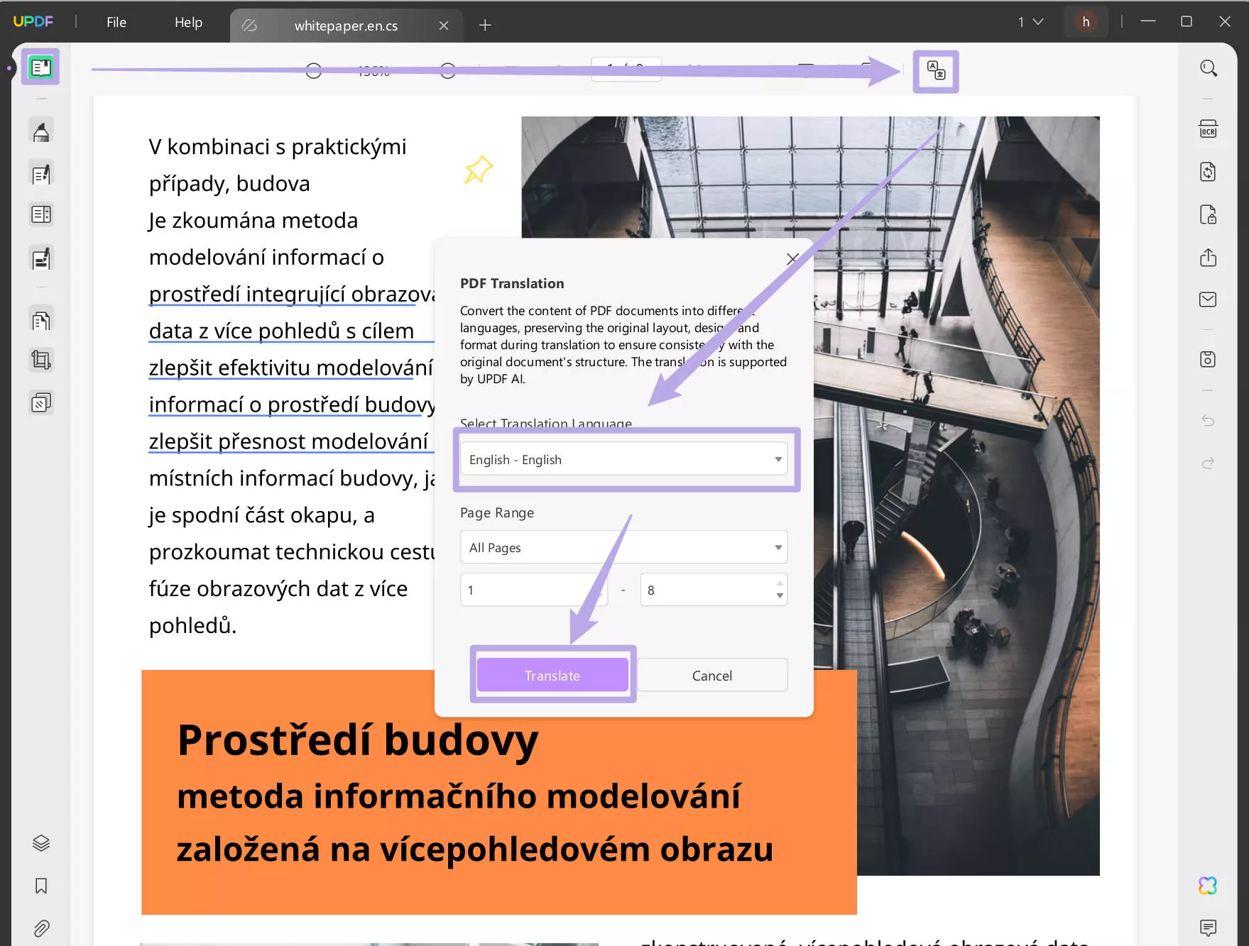 Translate a PDF from Czech to English on a Desktop with layout keeping