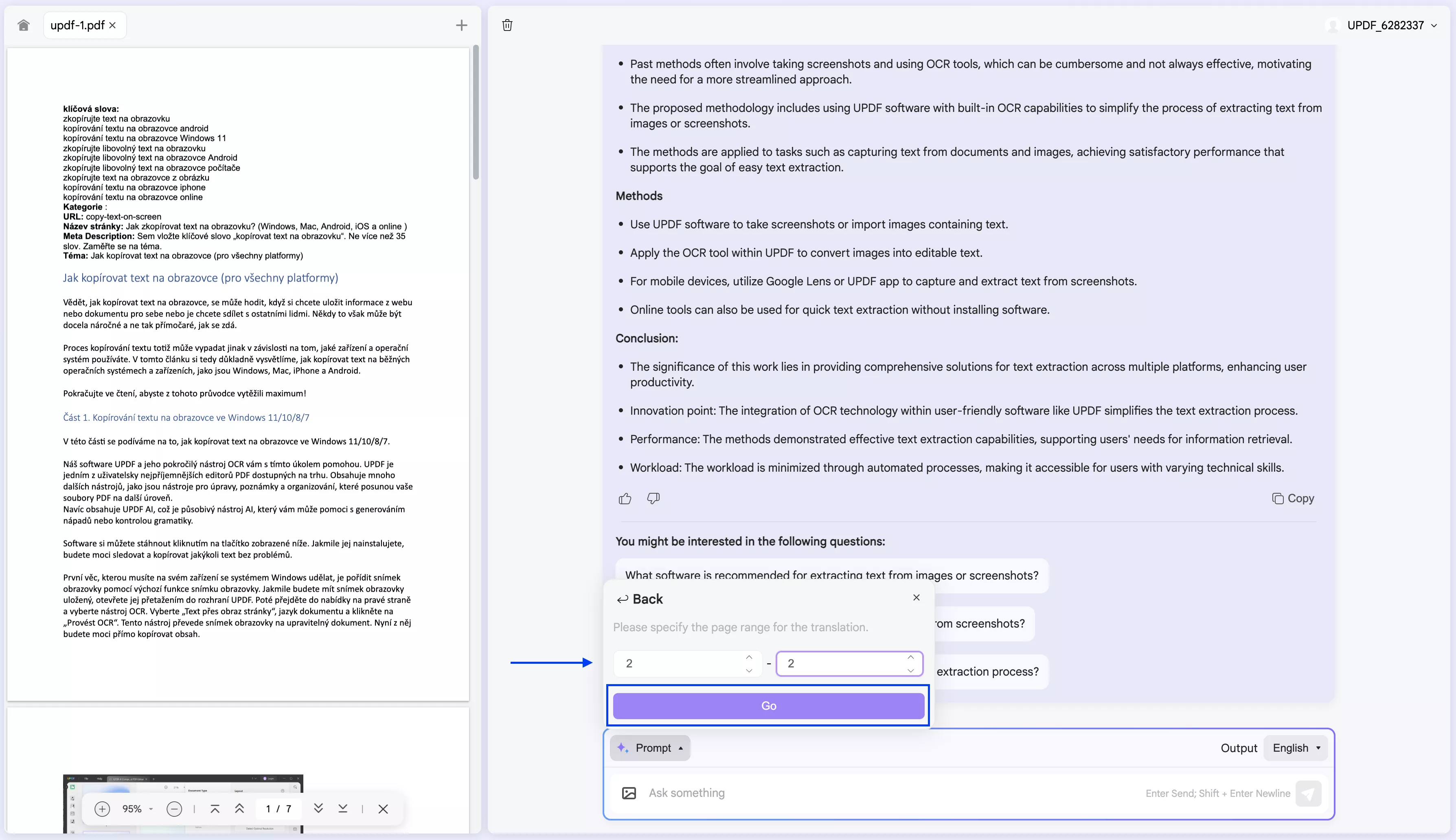 translate specific page in updf’s online ai assistant