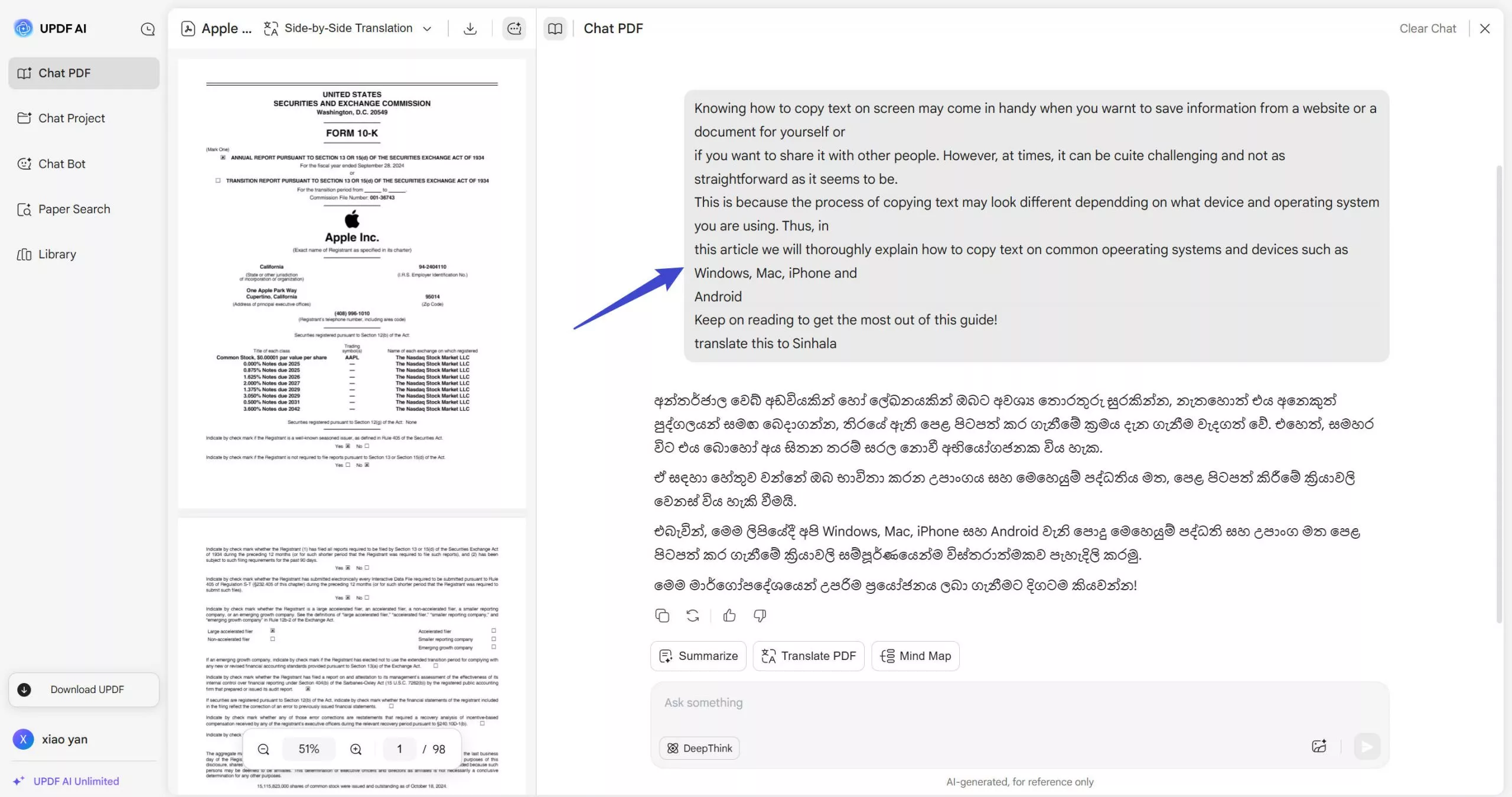 translate content to Sinhala with updf online ai assistant