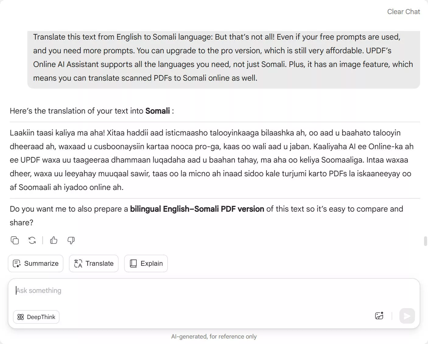 translate PDF to somali with updf online ai