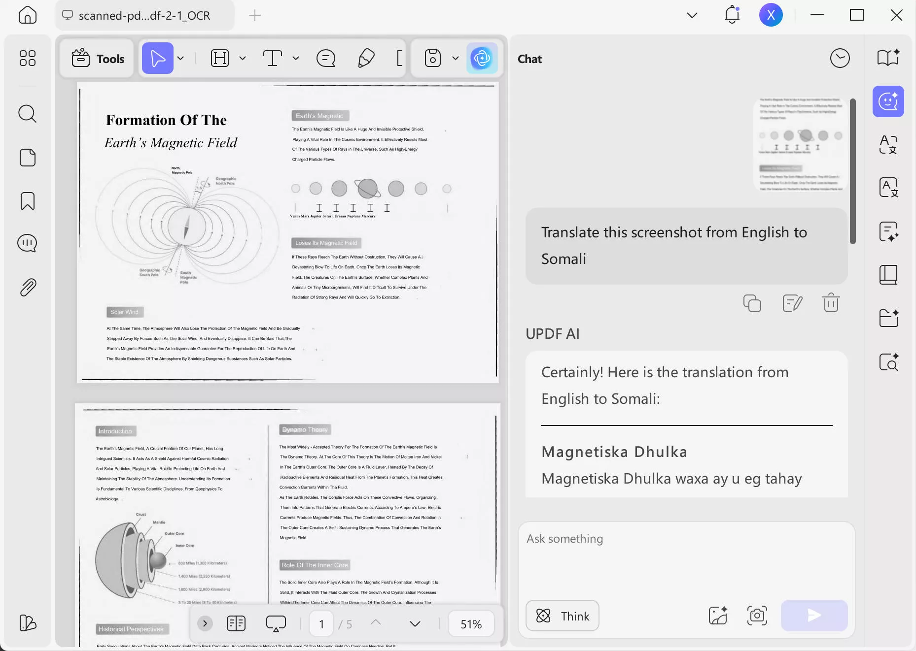 enter the prompt and translate the screenshot with updf