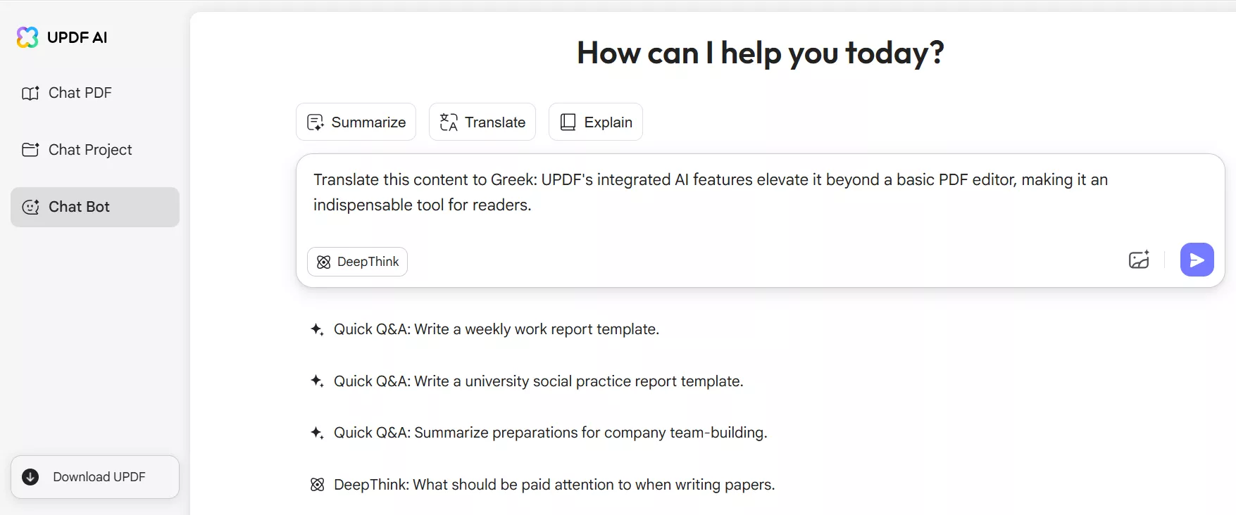 enter the prompt to translate English pdf to Greek with updf’s online ai