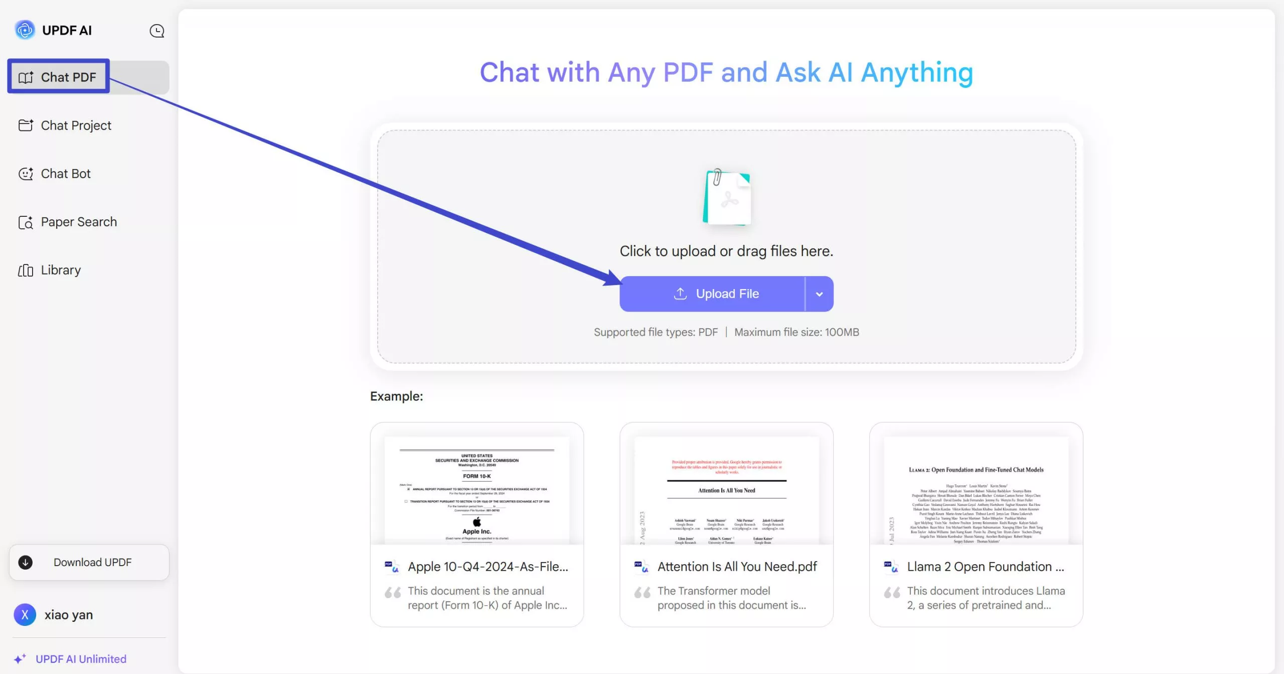 click the upload file button in updf ai