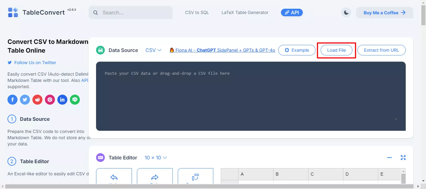 upload the csv file in Tableconvert