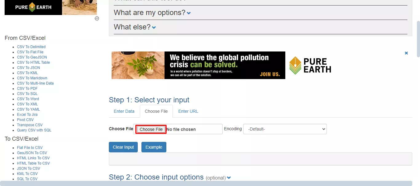upload your csv file to convertcsv