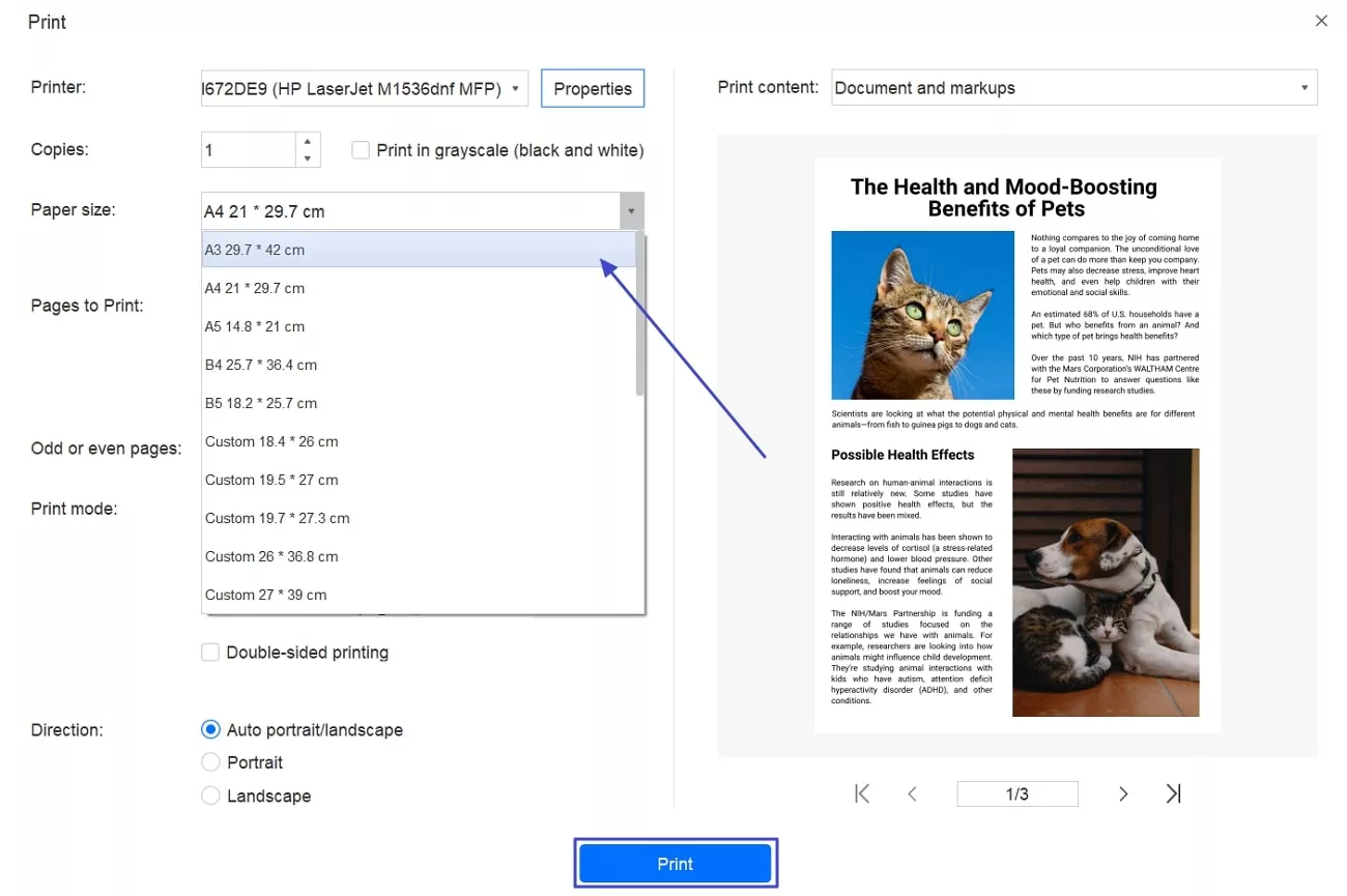  check a3 printing properties and continue