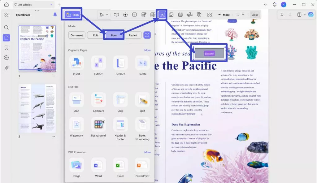 add the button to pdf with updf