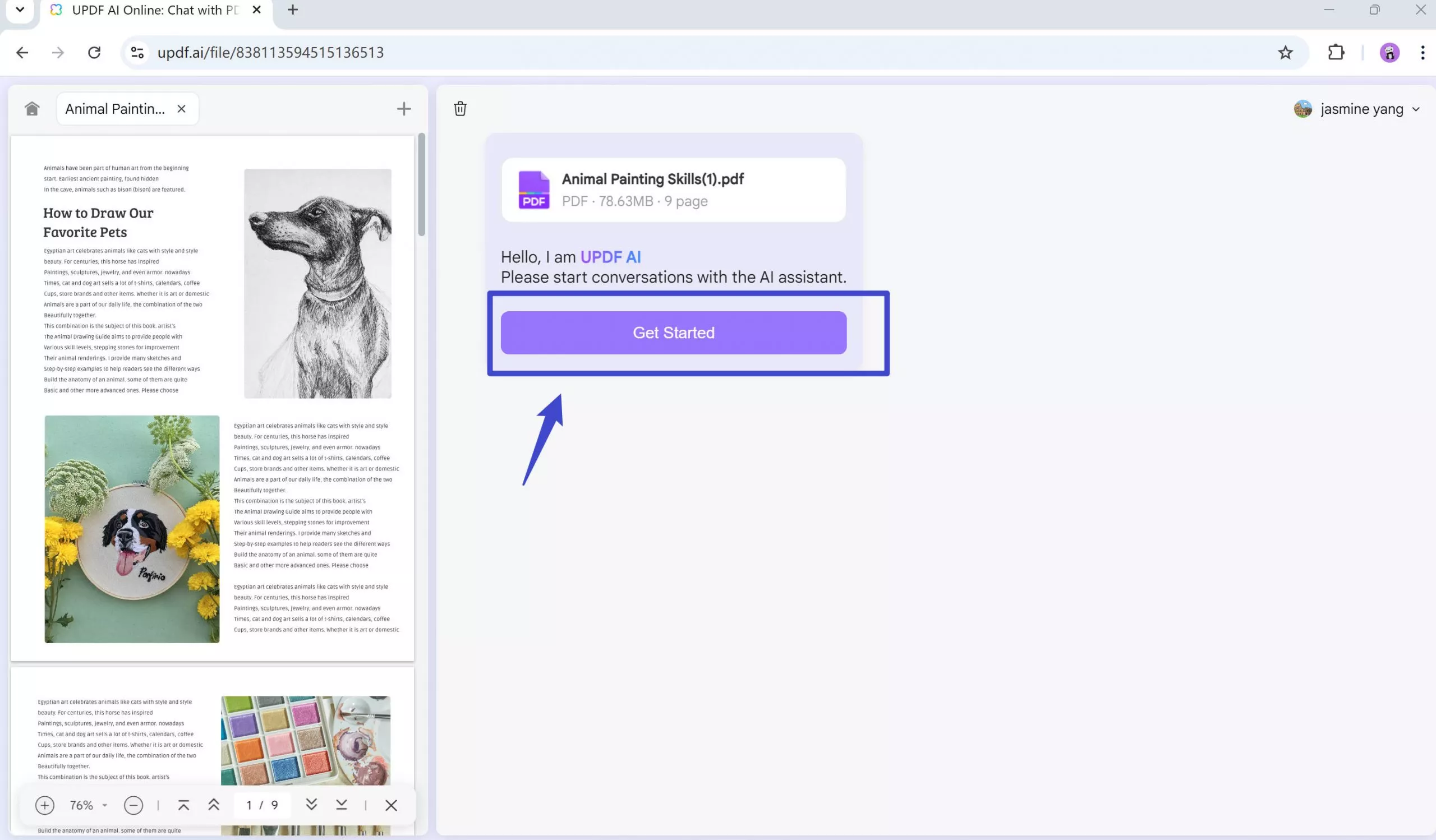 click the get started button of updf ai online assistant