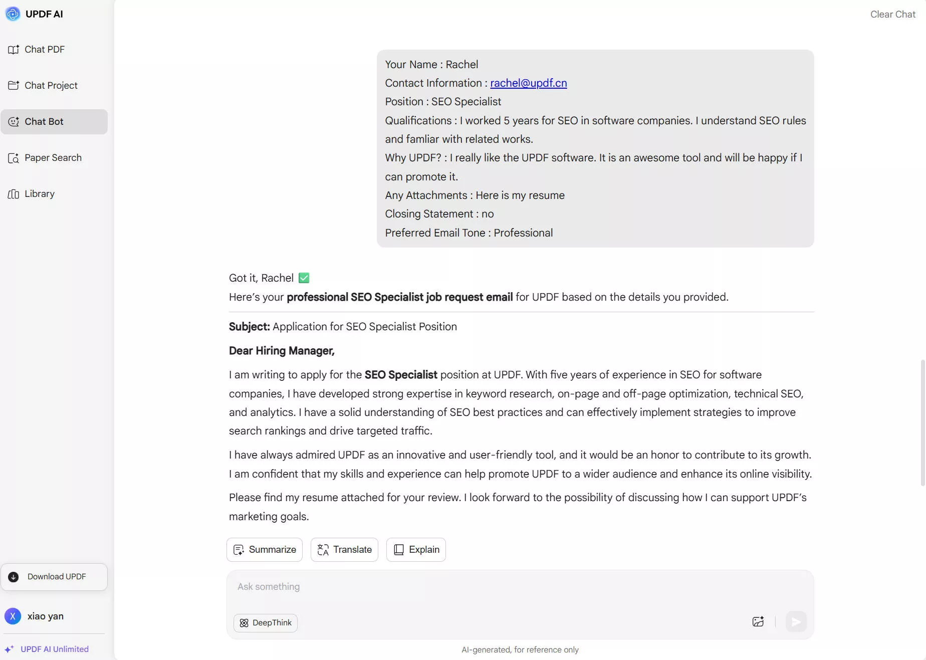 enter all required info and prompt updf ai to write an email