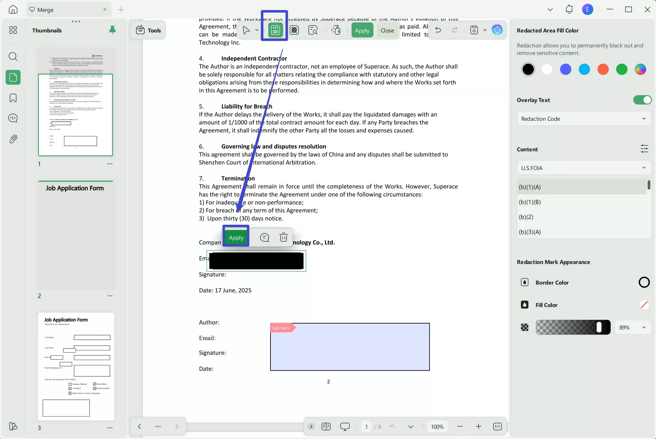 apply the mark for redaction