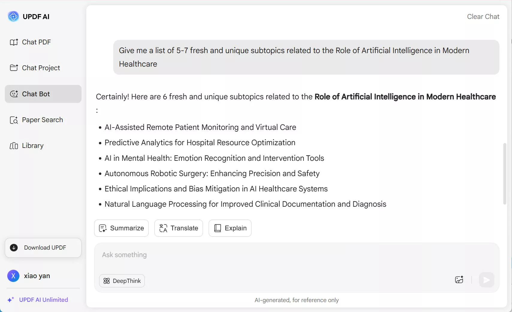 updf ai generating topic ideas