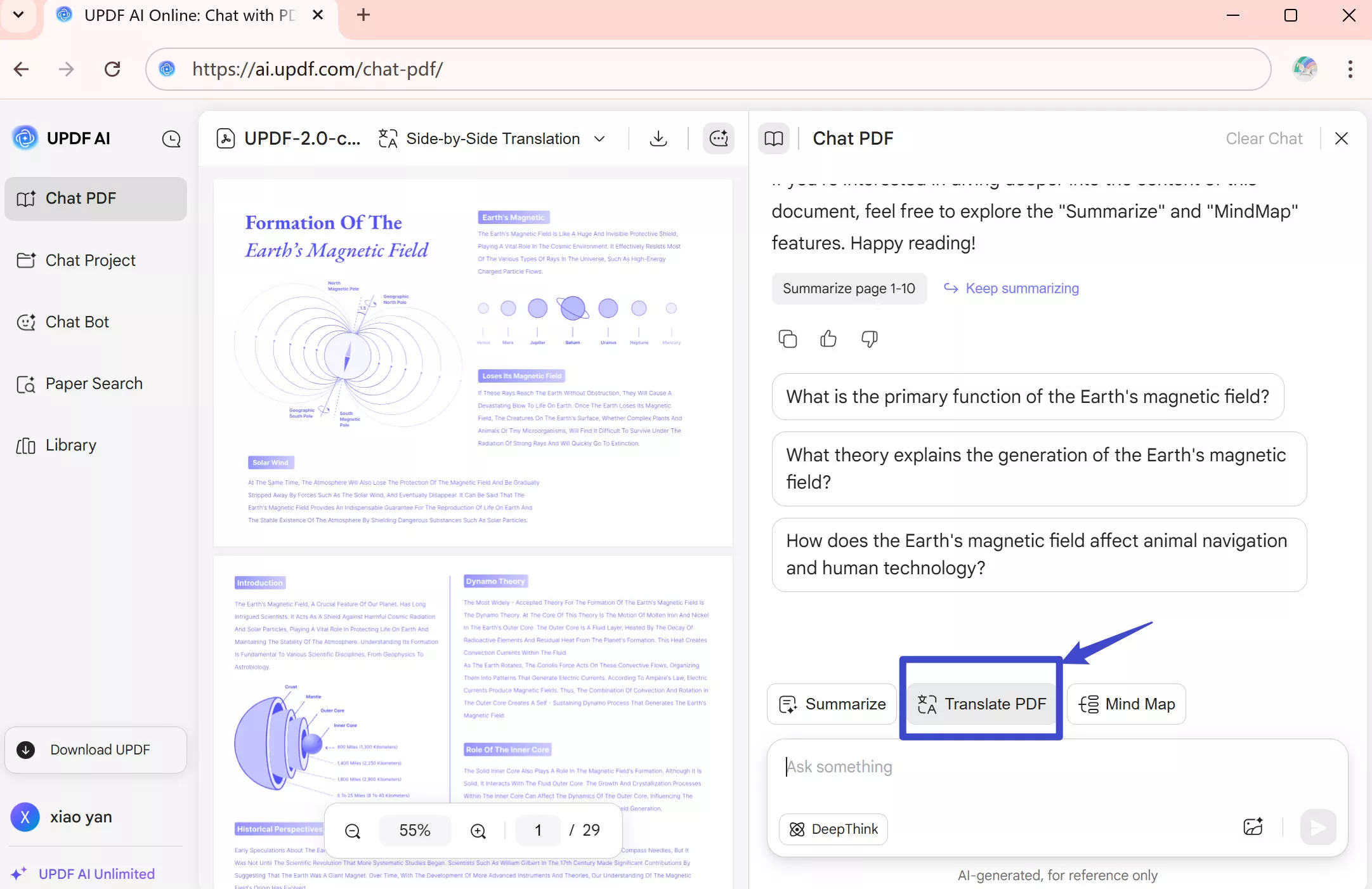 click translate by page in UPDF Online AI Assistant