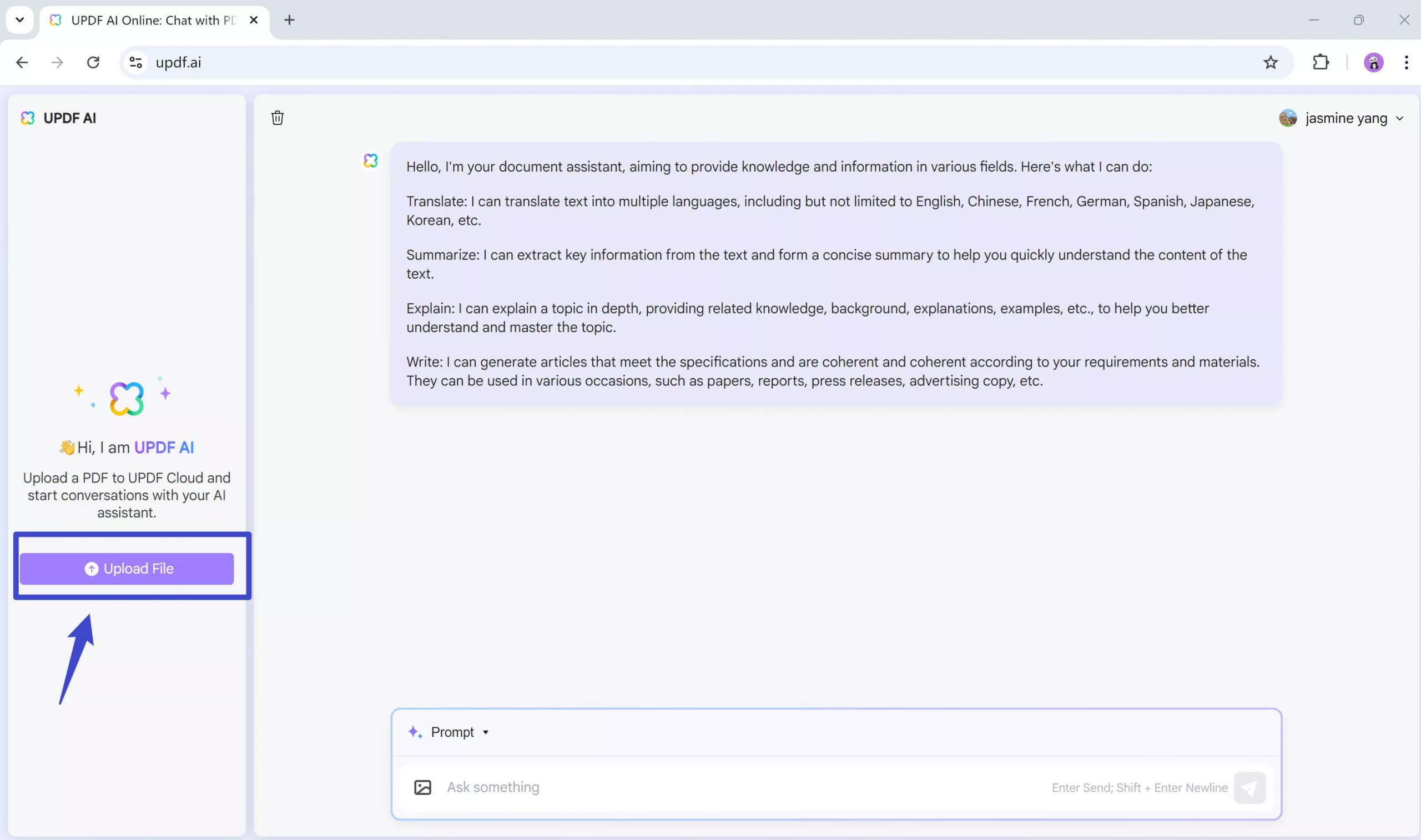 open the updf ai online and upload file