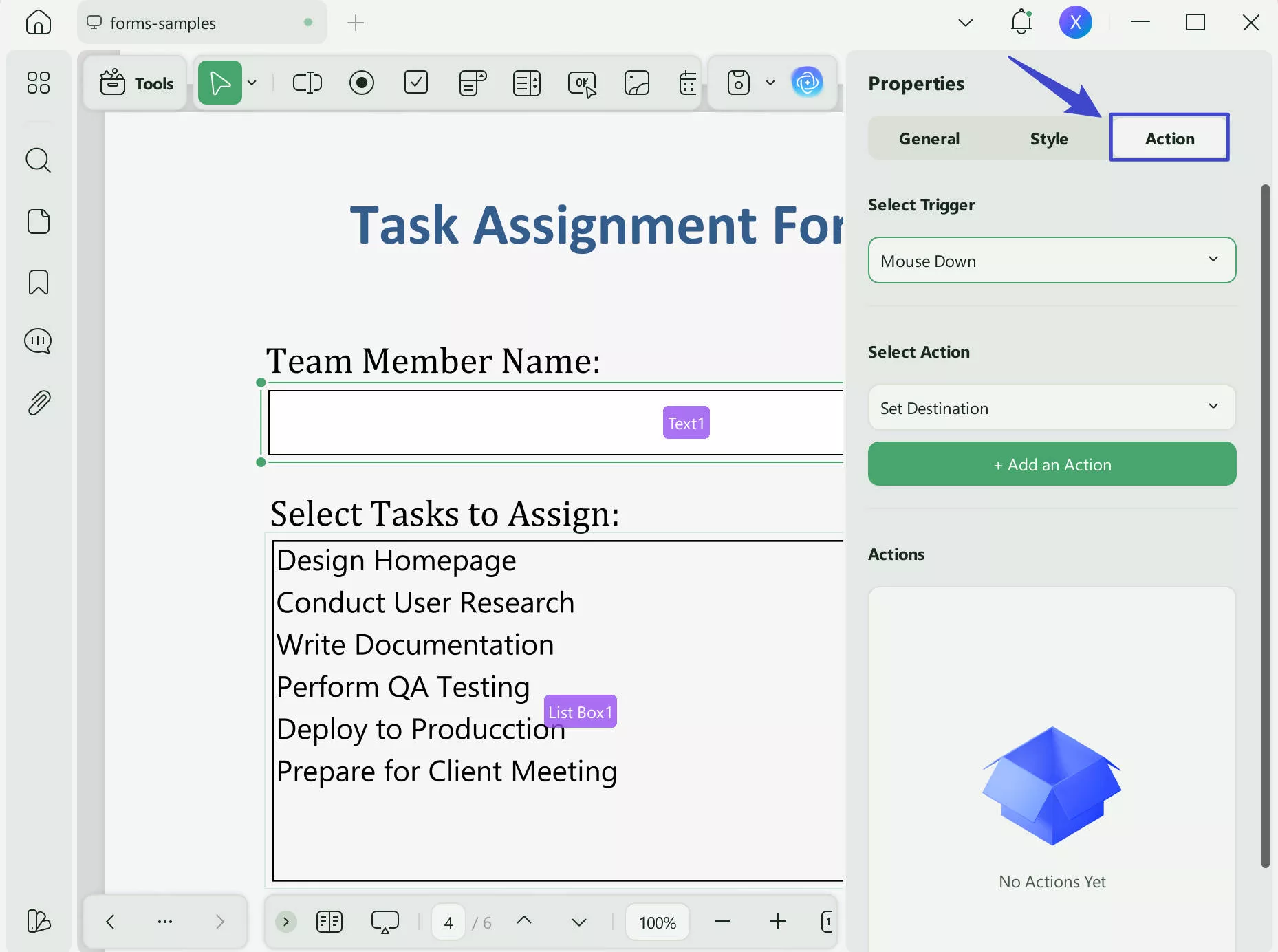 change actions for text box updf