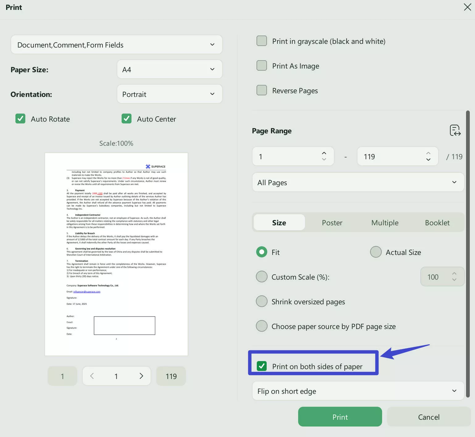 print two PDF pages on both sides