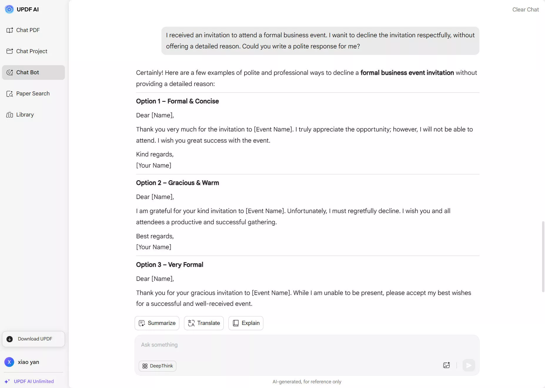 updf ai response to decline an invitation for formal business