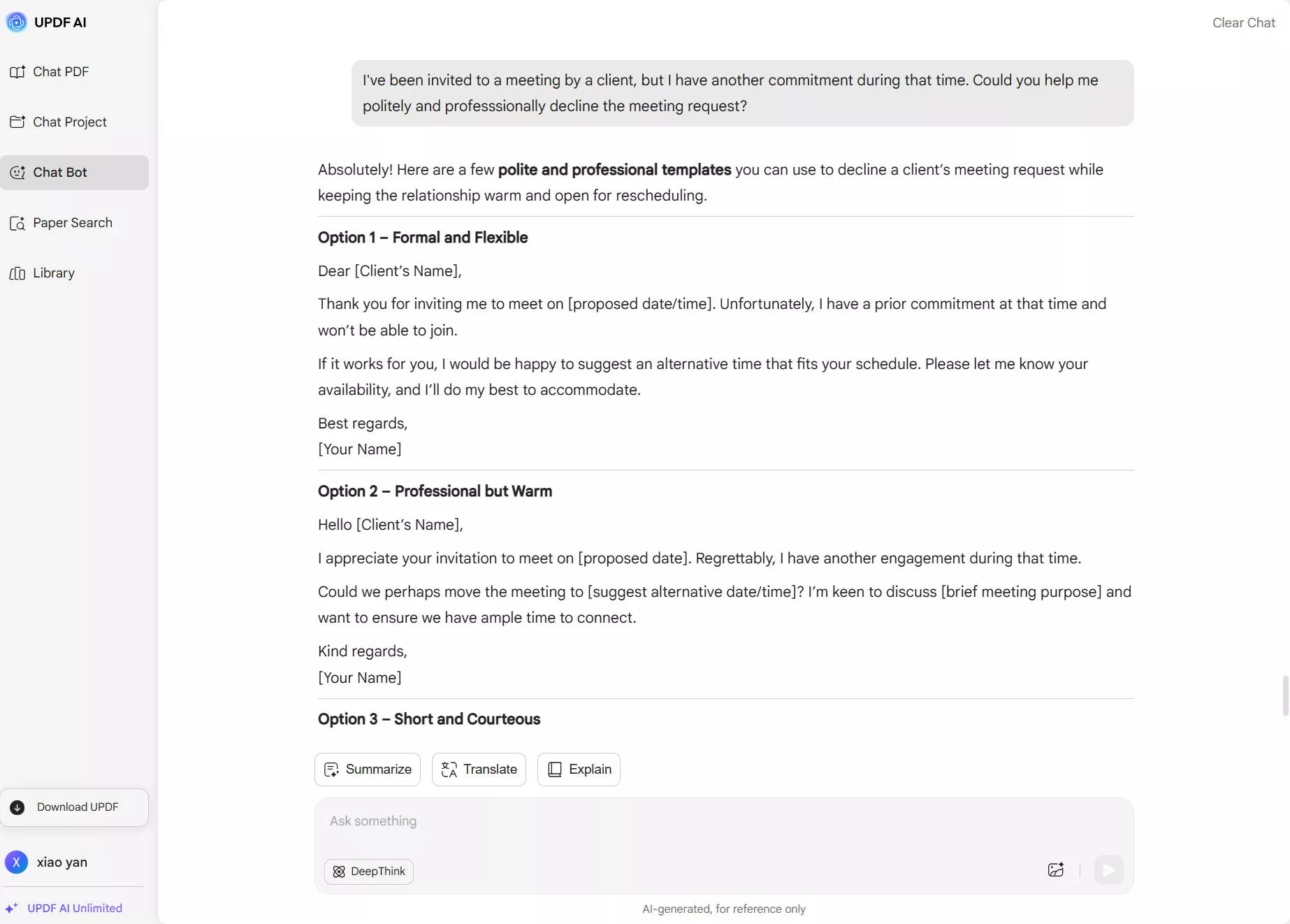 decline an invitation professionally for meeting