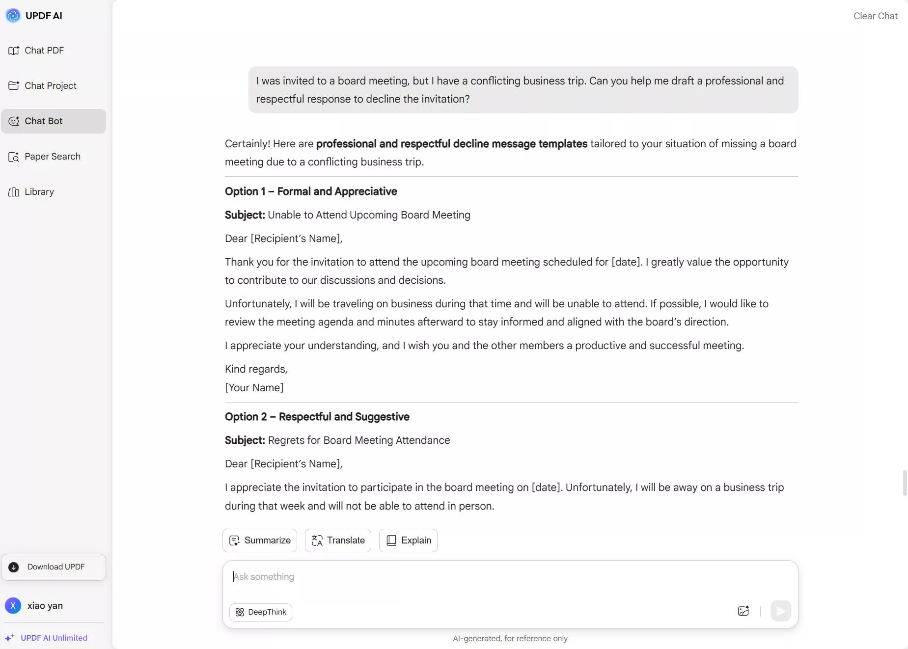 decline an invitation professionally for official trip