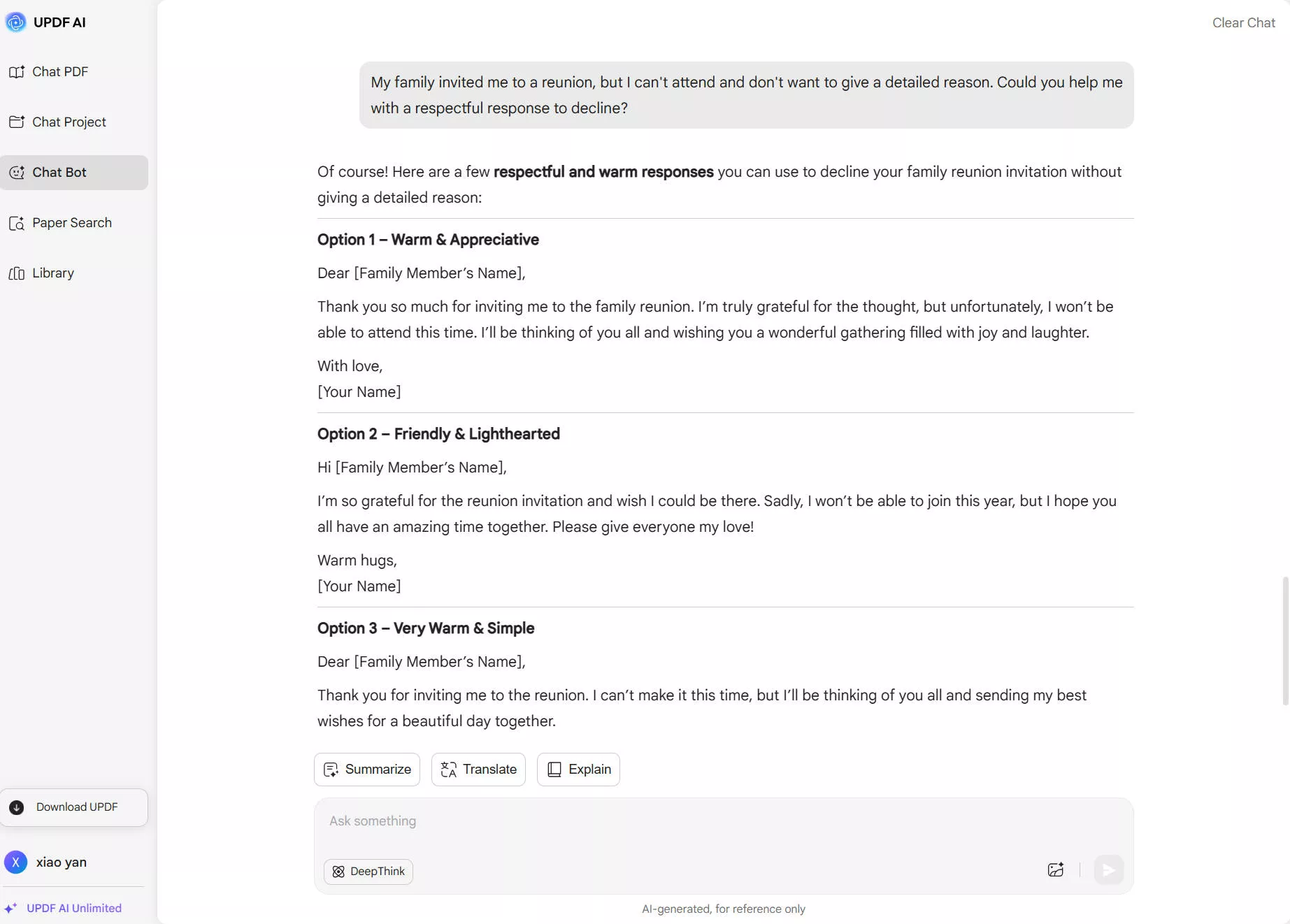 updf ai response to decline an invitation for family reunion