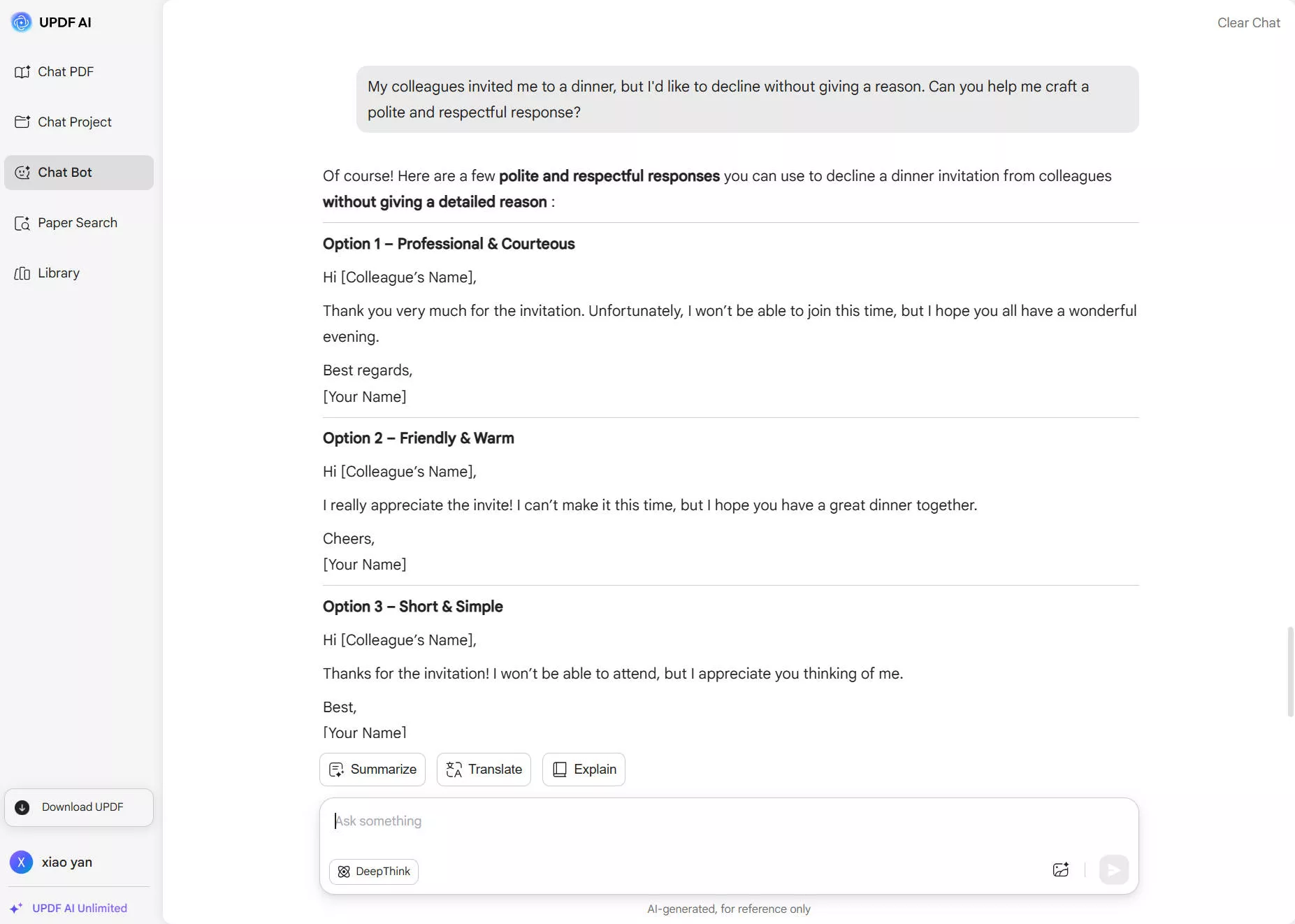 updf ai response to decline an invitation for colleagues dinner invitation
