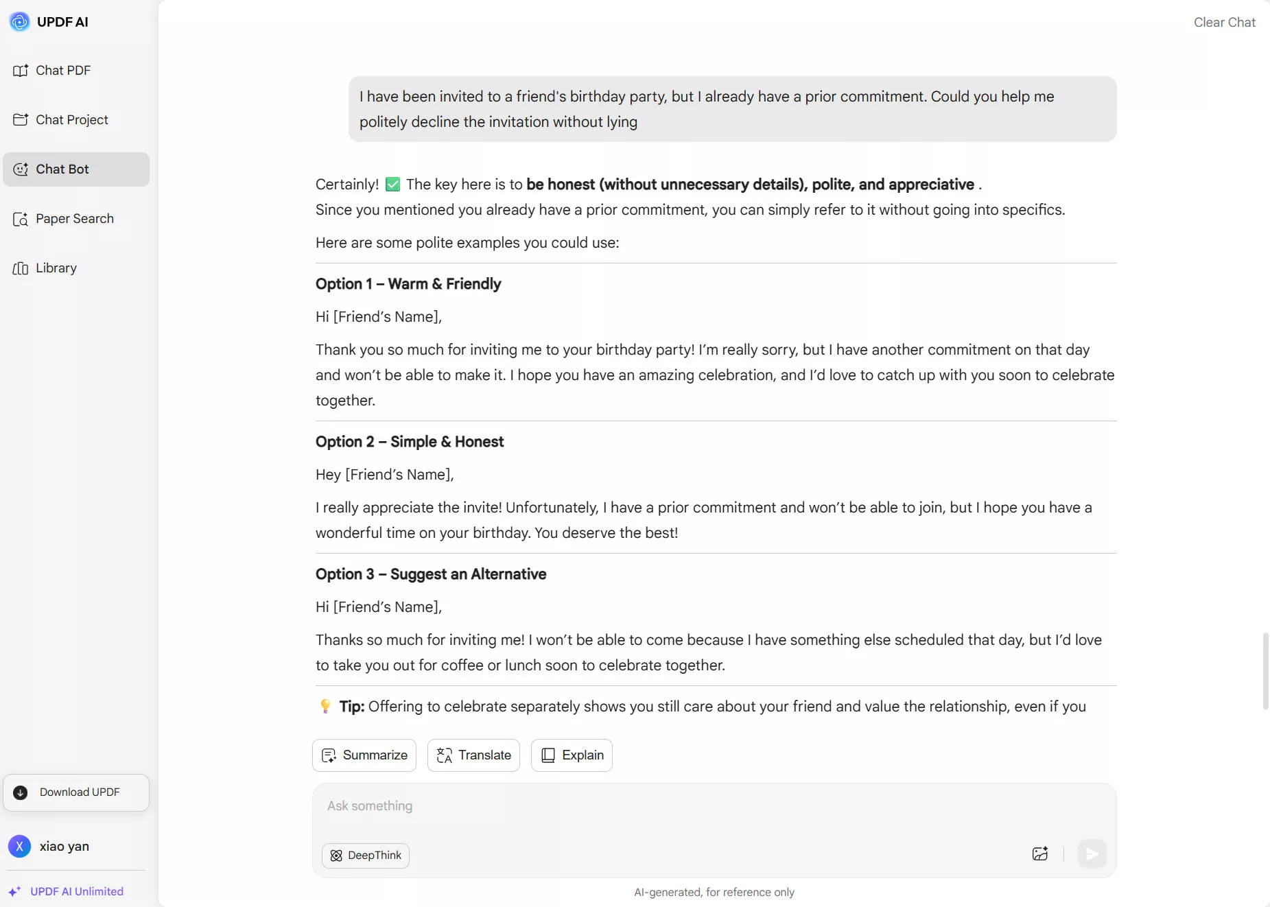 updf ai for declining an invitation for birthday party