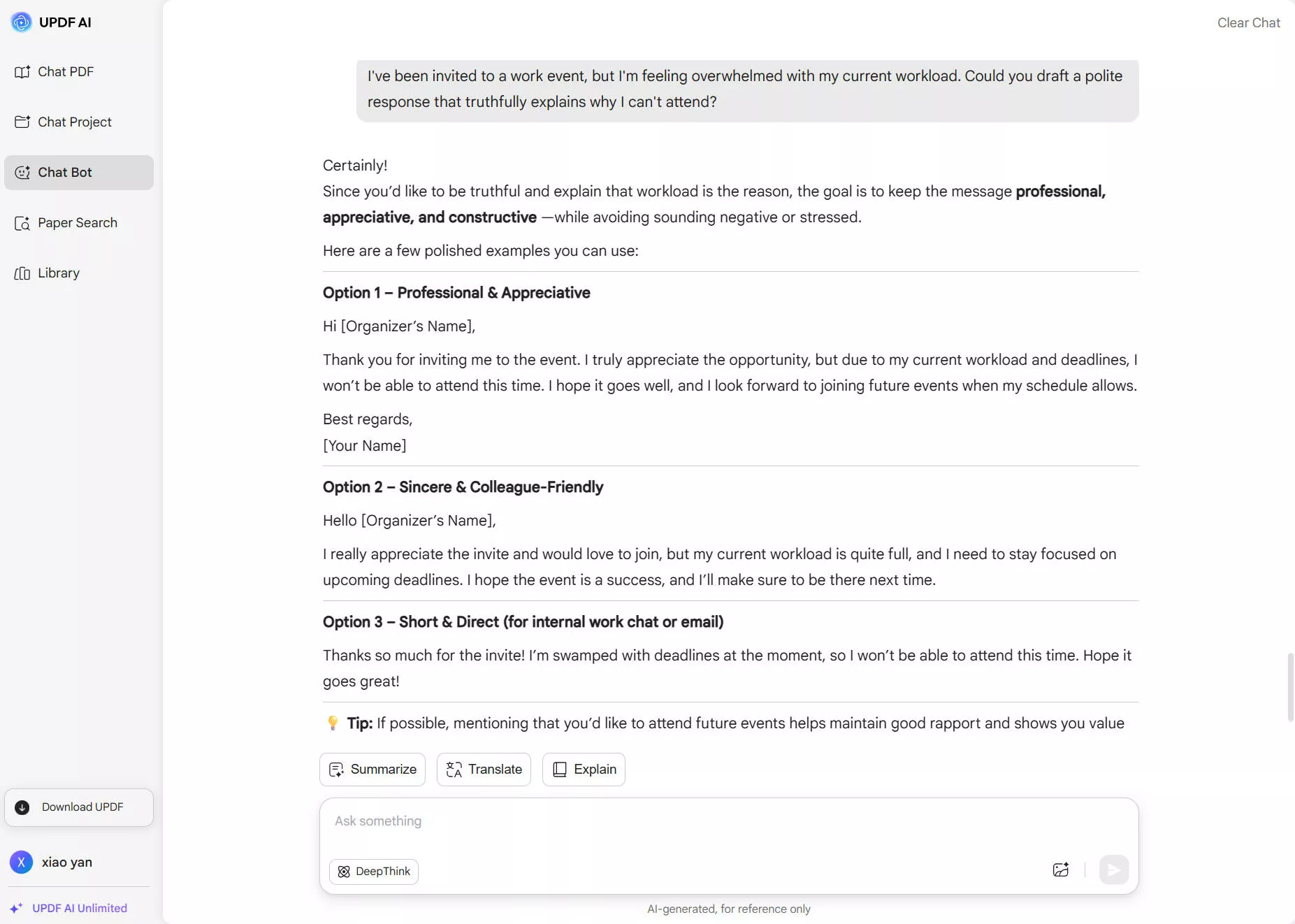 decline an invitation without lying for work event