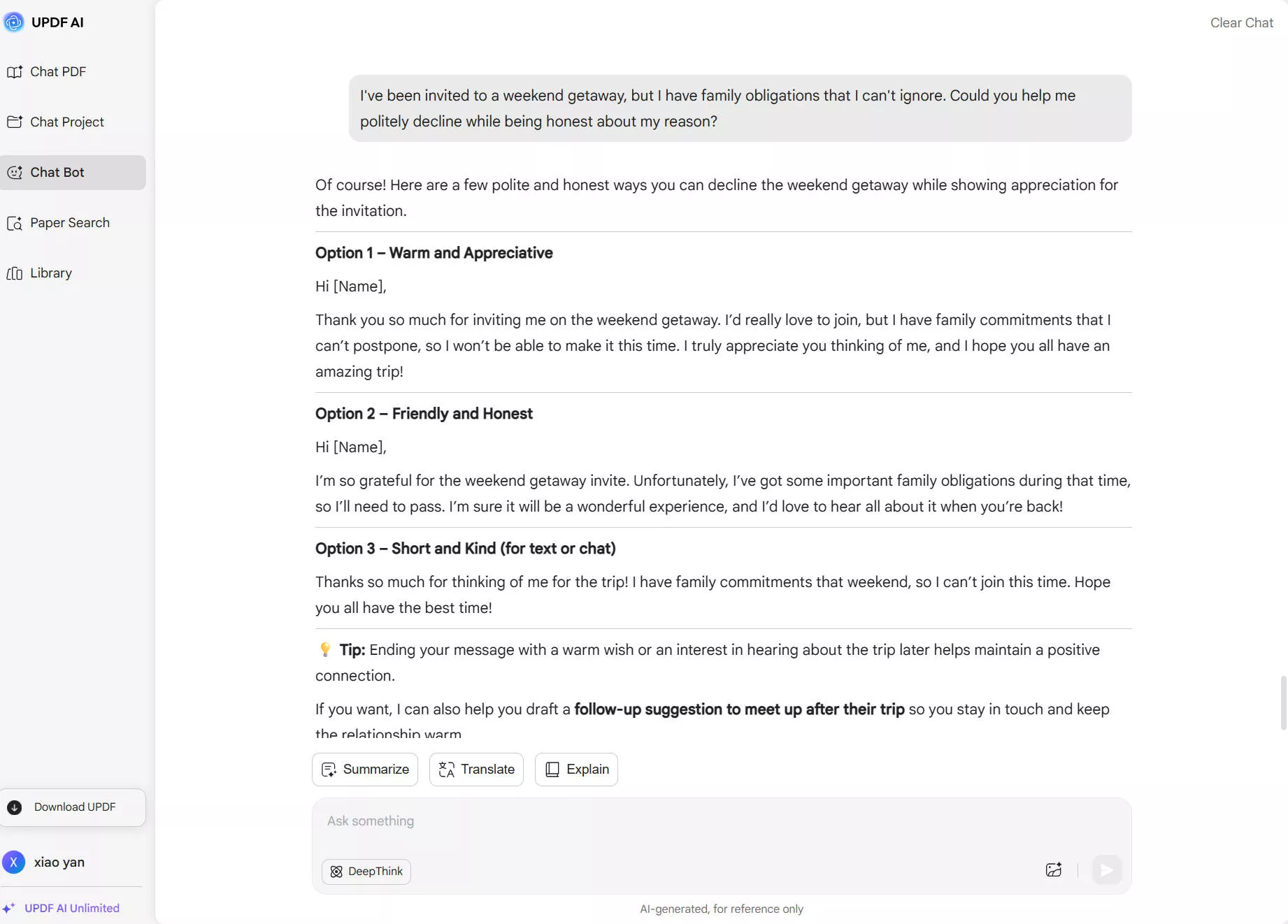decline an invitation without lying for weekend getaway
