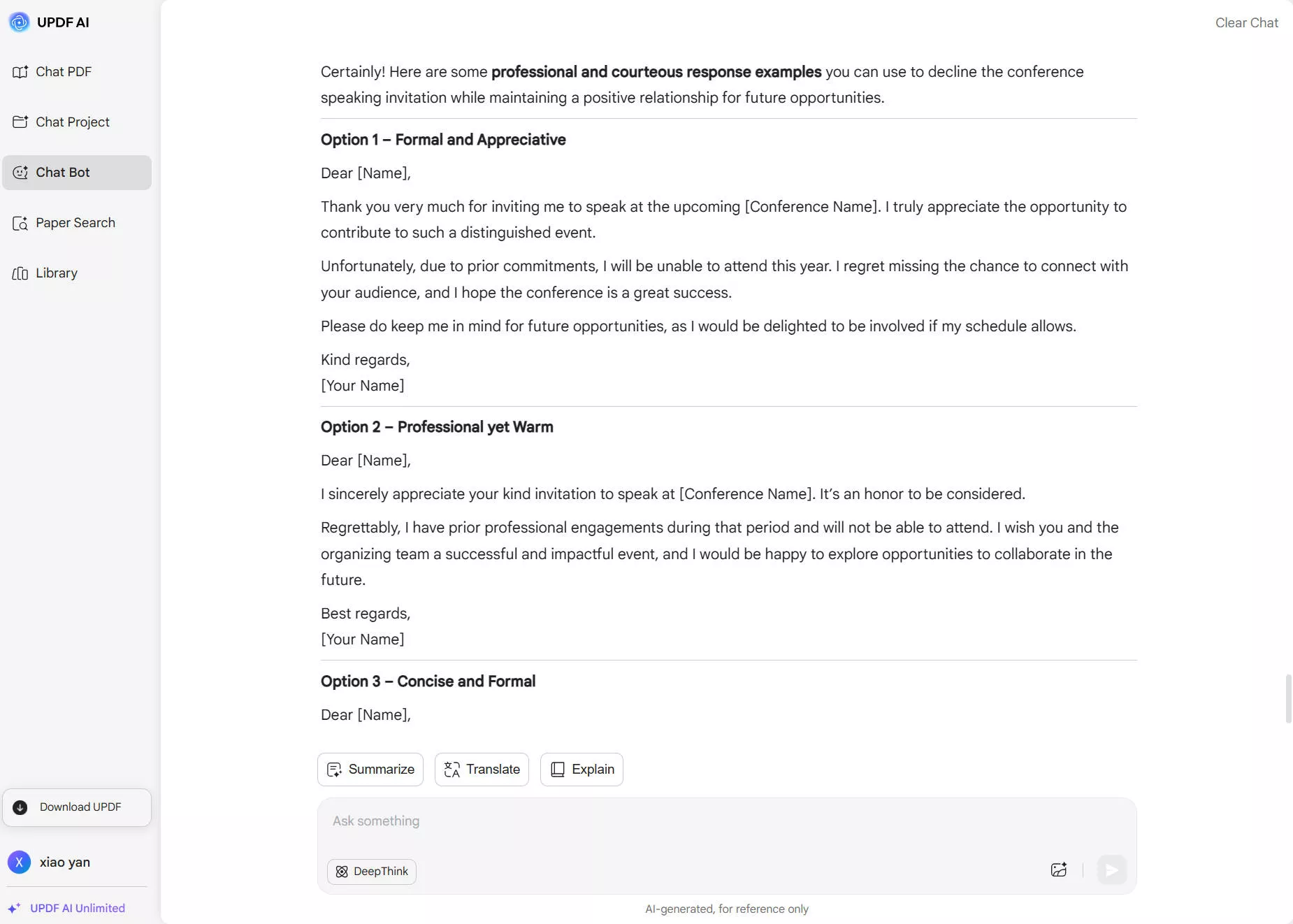 decline invitation professionally with updf ai online