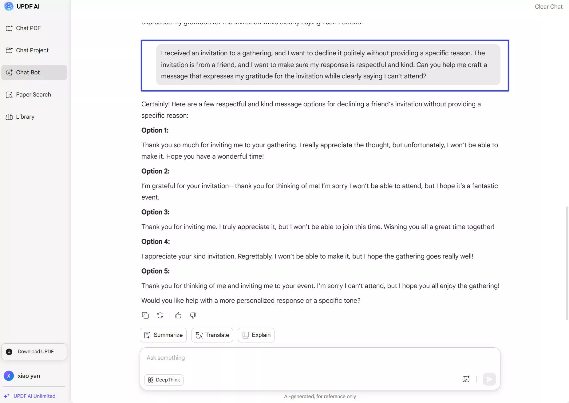 writing a prompt to decline gathering in updf ai online