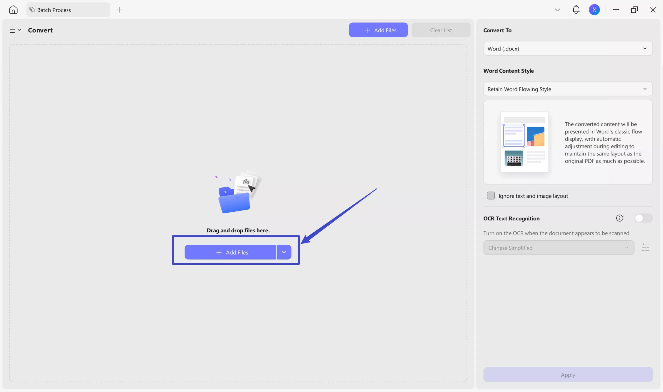 add files to batch convert pdf to word with updf