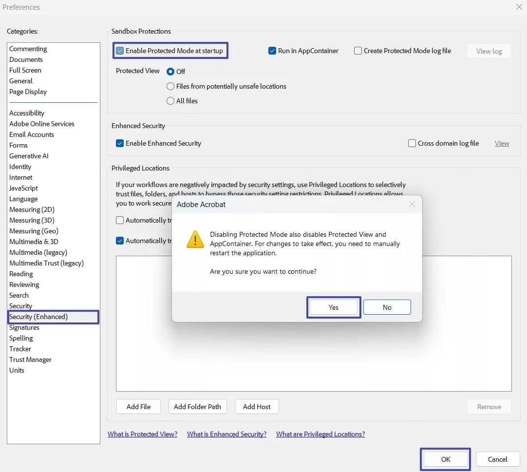 enable protected mode acrobat