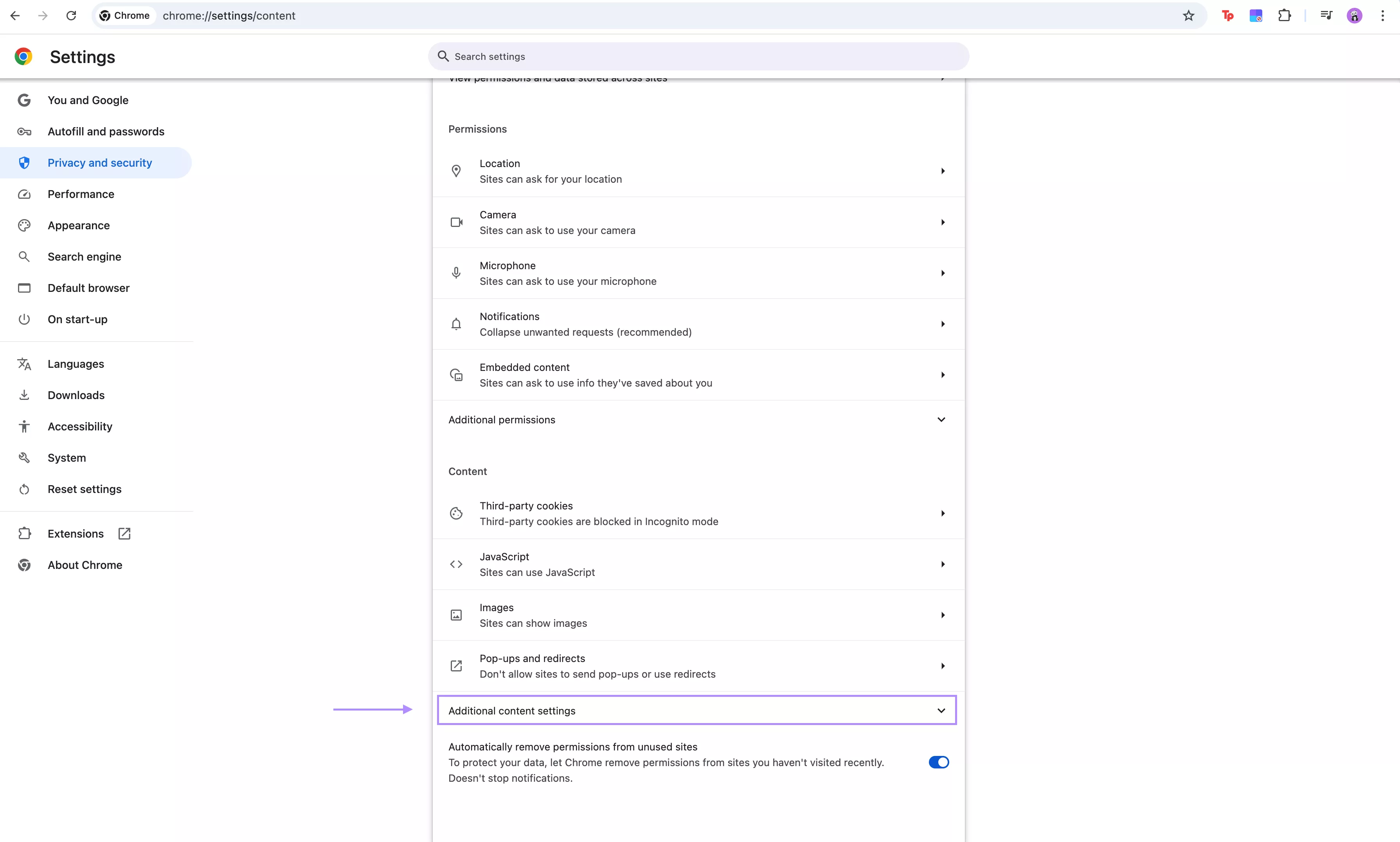 additional content setting in chrome