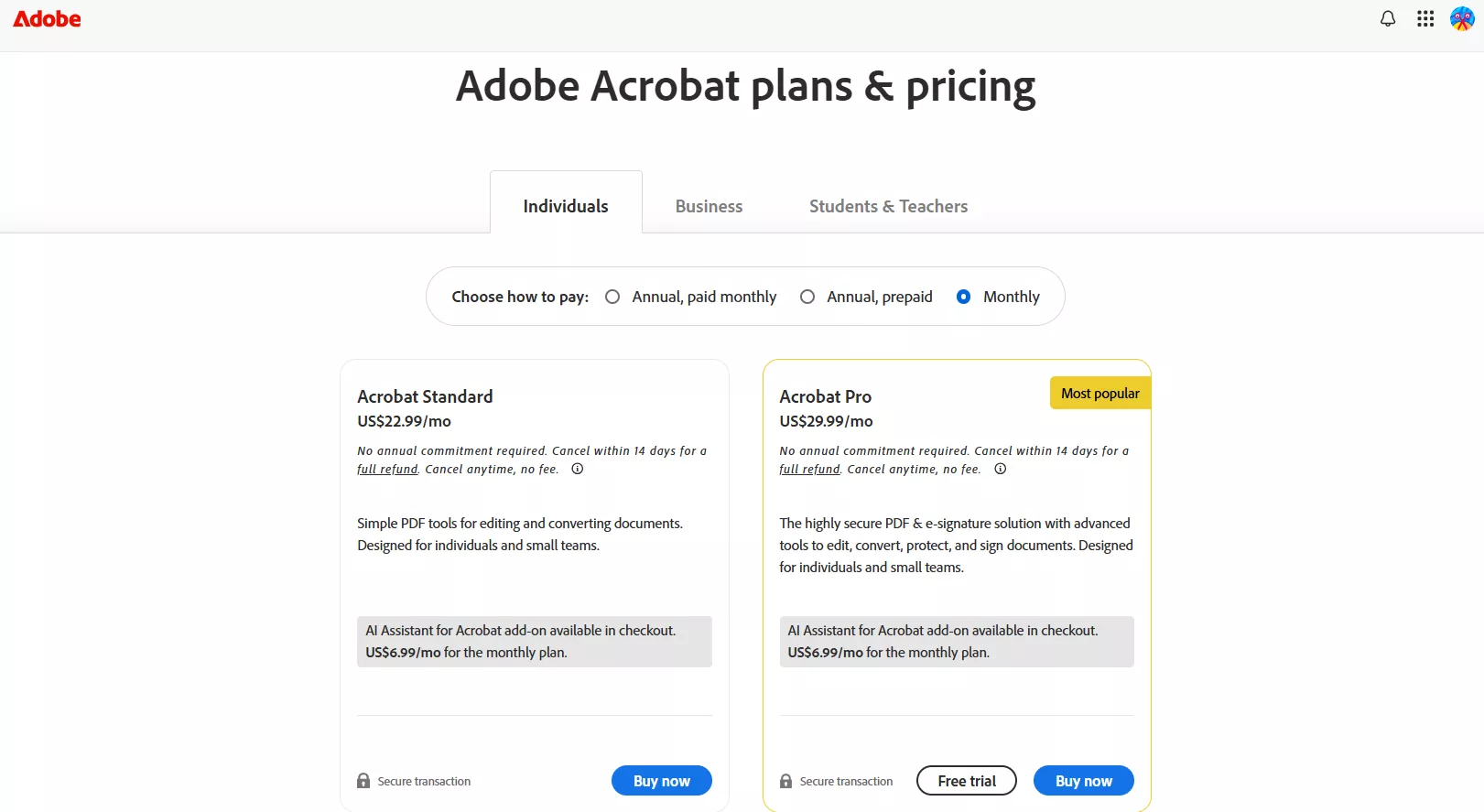Adobe Acrobat plans and pricing