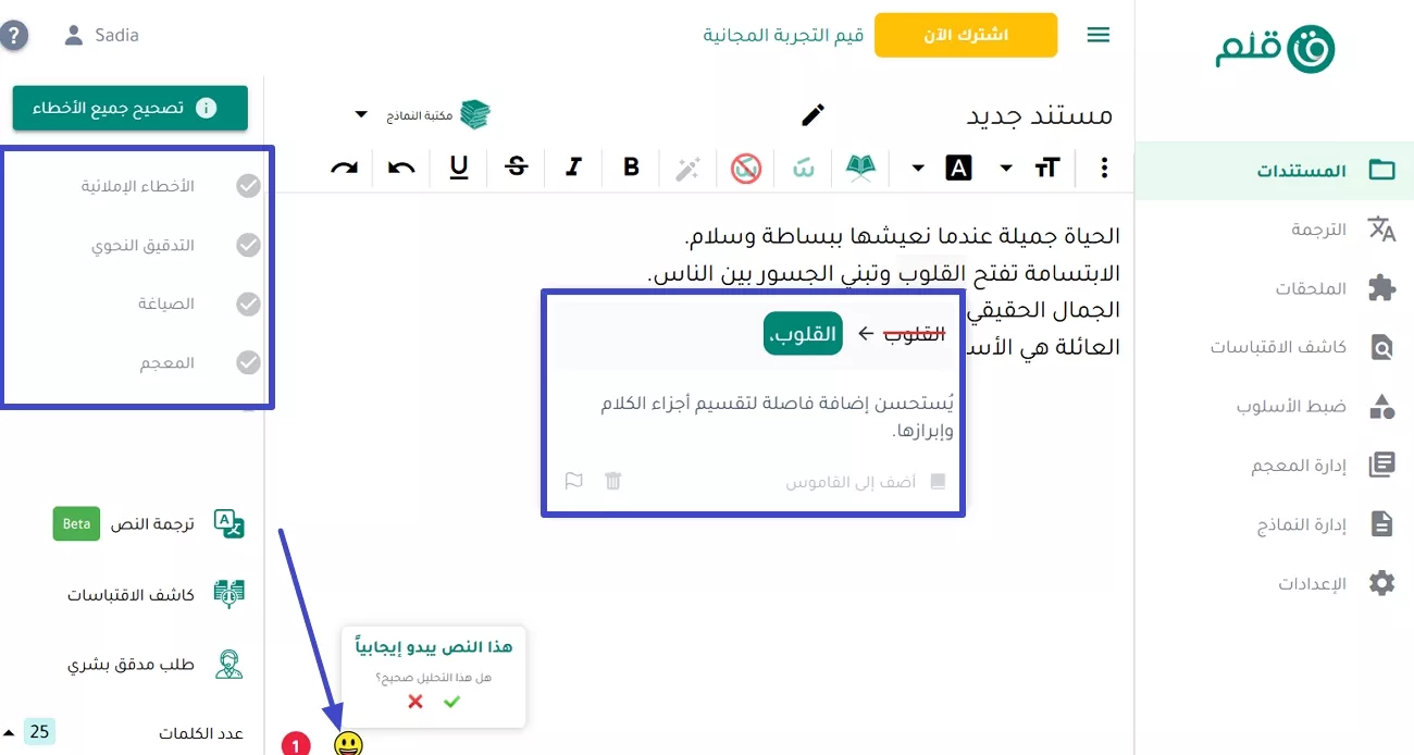 correct and ensure arabic grammar 