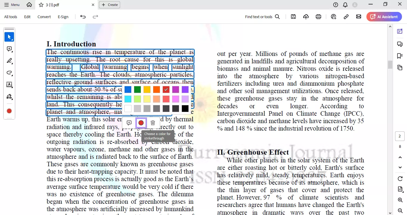 change the color of the strkethrough line in acrobat