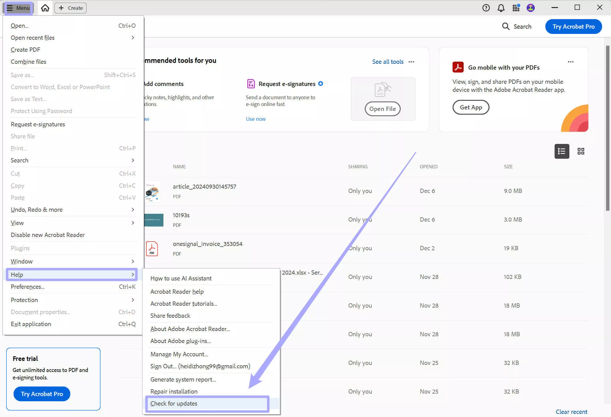 Check for updates with acrobat on Windows