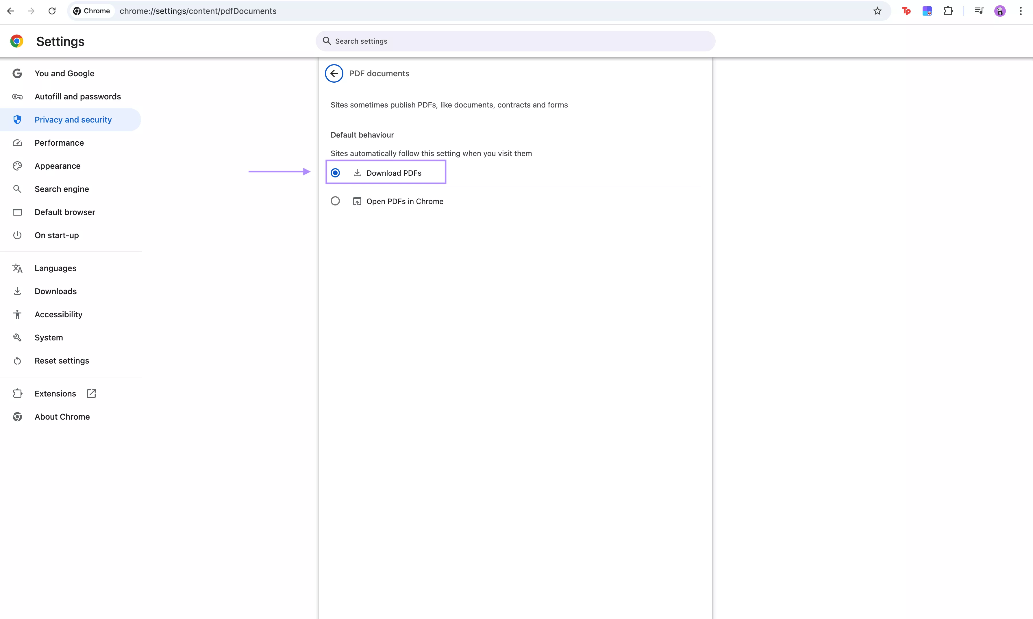 choose download pdfs in chrome
