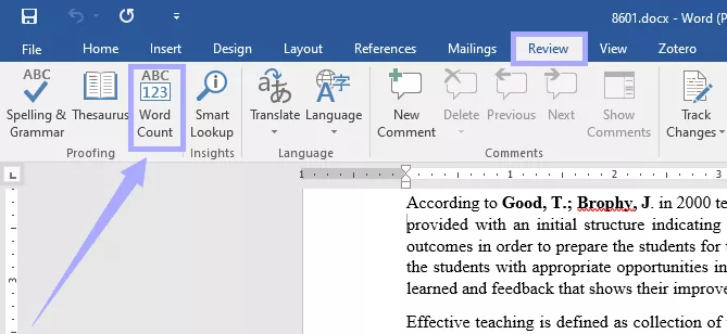 click word count under review in ms word