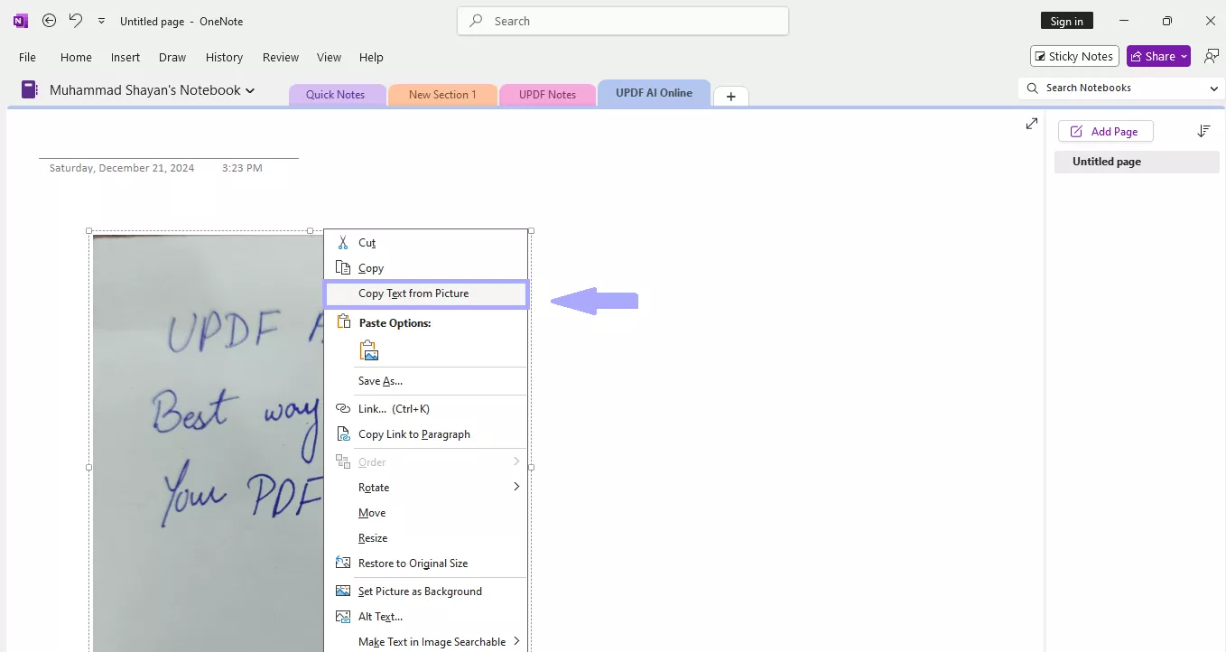 copying the text from the image onenote