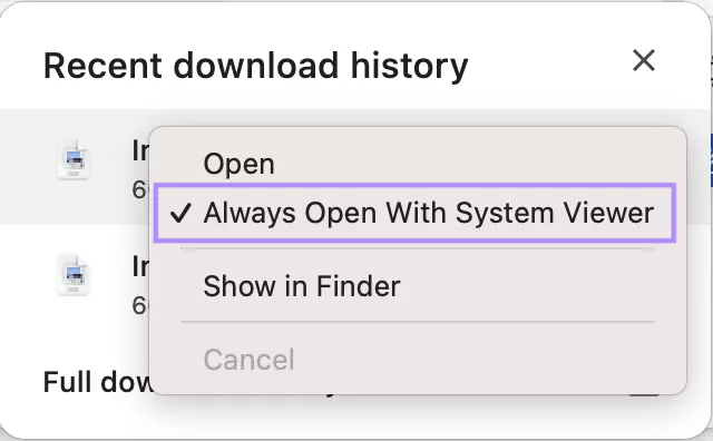 disable always open with system viewer