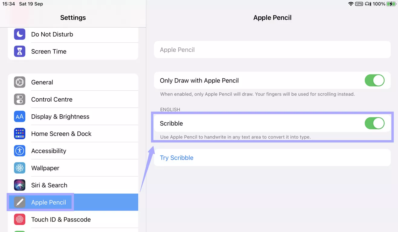 enable scribble for apple pencil