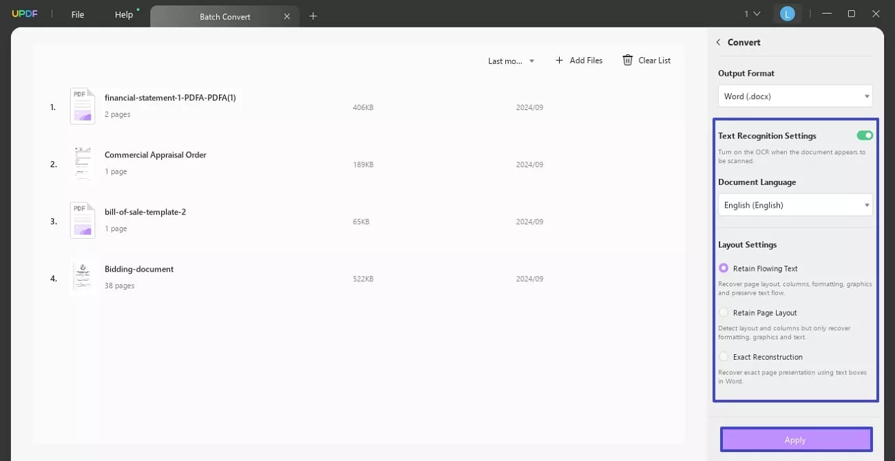 apply text recognition settings on all
