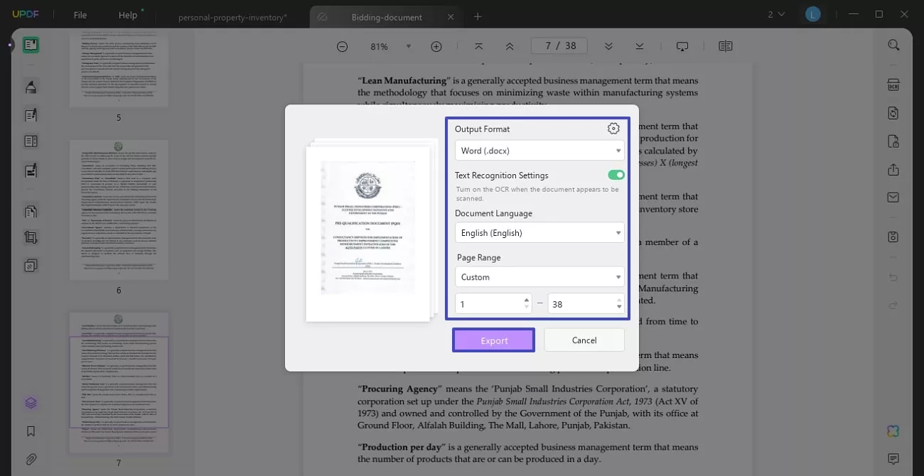enable text recognition settings and export
