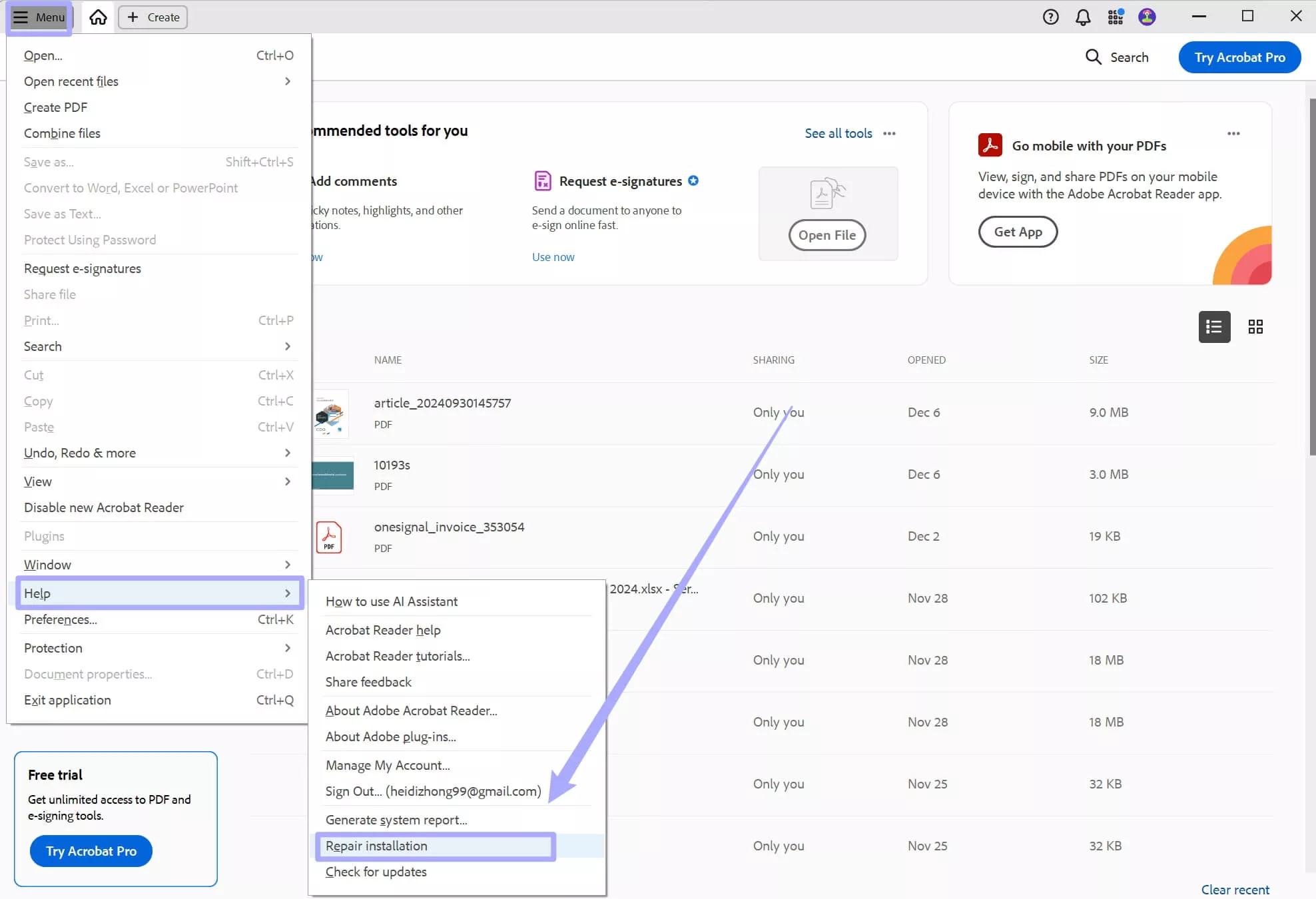 Repair installation with Acrobat on Windows
