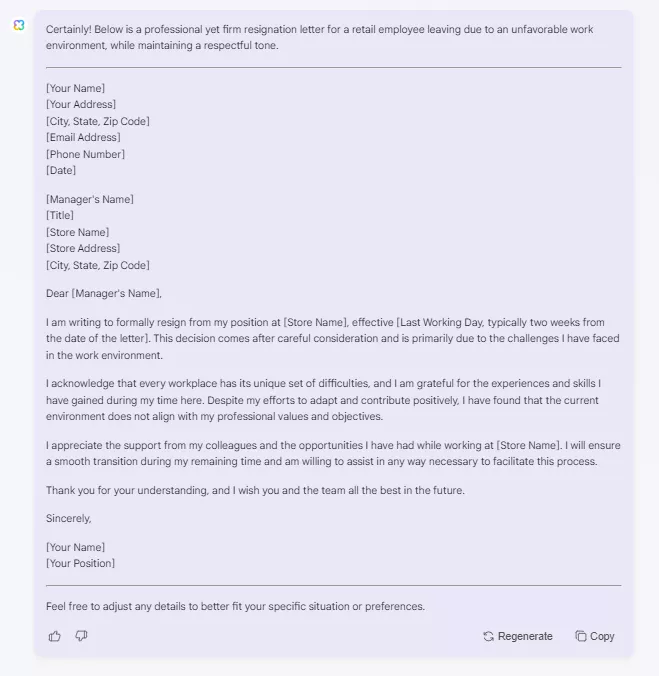 resignation letter after negative experience created by updf online ai