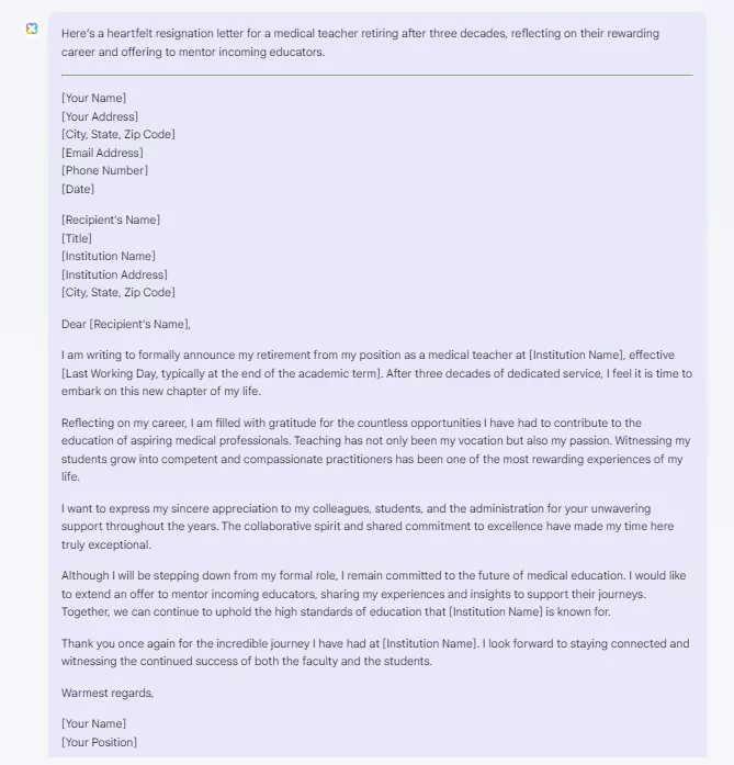 resignation letter at retirement created by updf online ai