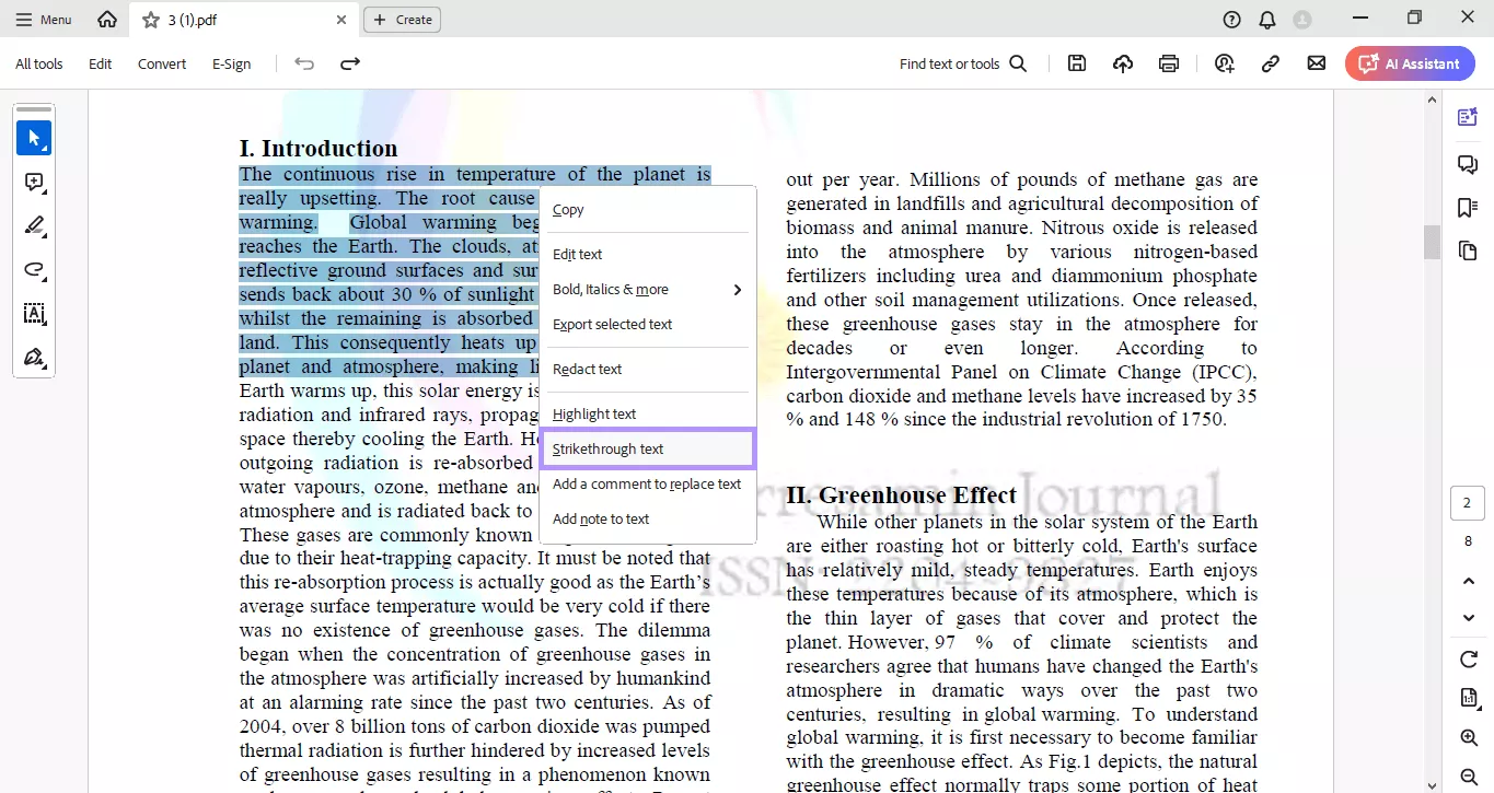 select and strikethrough the text in acrobat