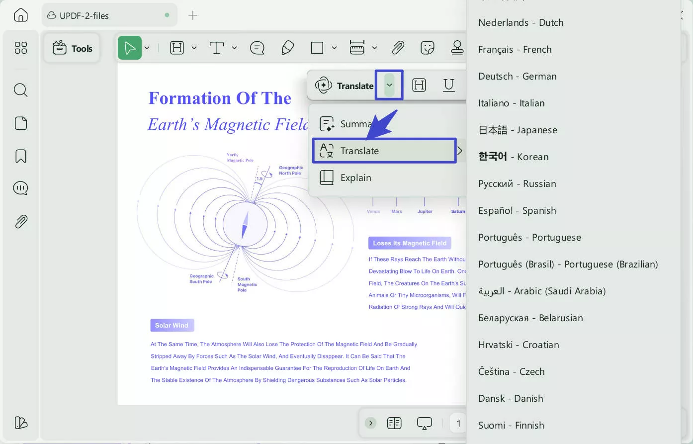 Select to translate UPDF windows